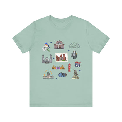 Unisex Jersey Short Sleeve Tee with St. Louis, Missouri MO landmarks print