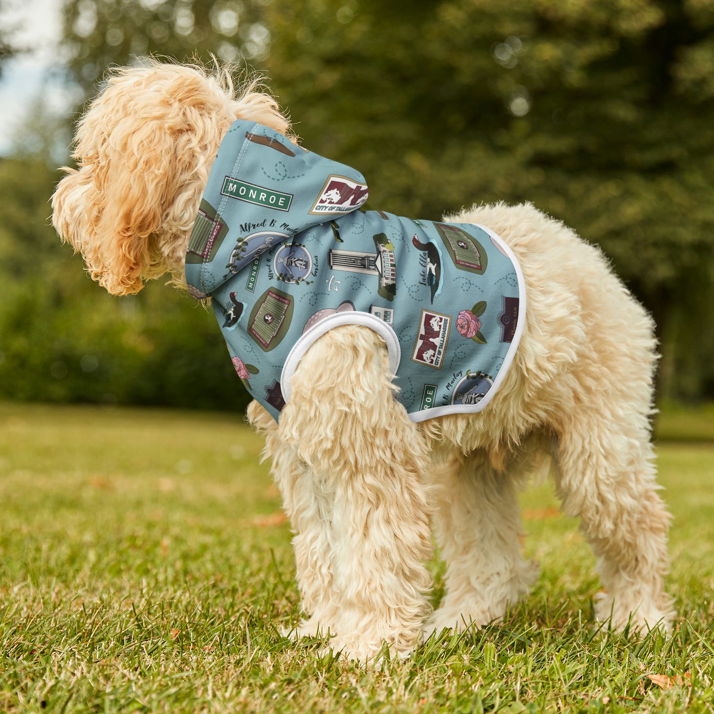 Pet Hoodie with Tallahassee Florida landmarks in blue