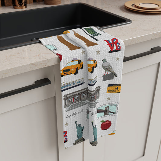 Kitchen Towel with New York City, Manhattan, Brooklyn NY in white