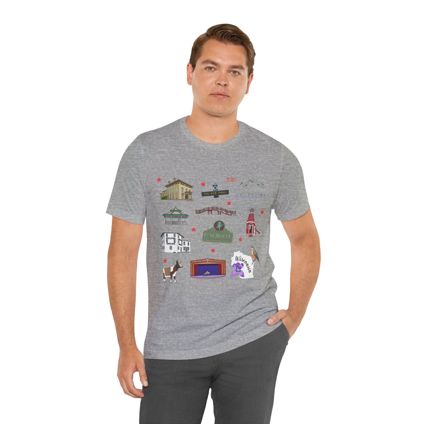 Unisex Jersey Short Sleeve Tee with Janesville, Wisconsin WI landmarks print