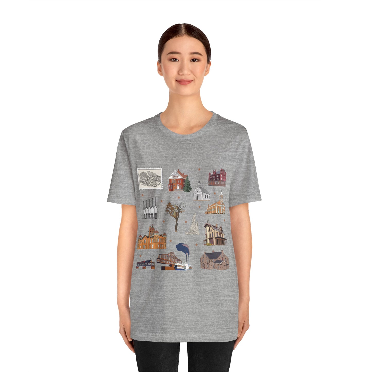 Unisex Jersey Short Sleeve Tee with South St. Paul, Mendota, Hastings, Hampton, Inver Grove Heights near the Minneapolis Minnesota MN landmarks print