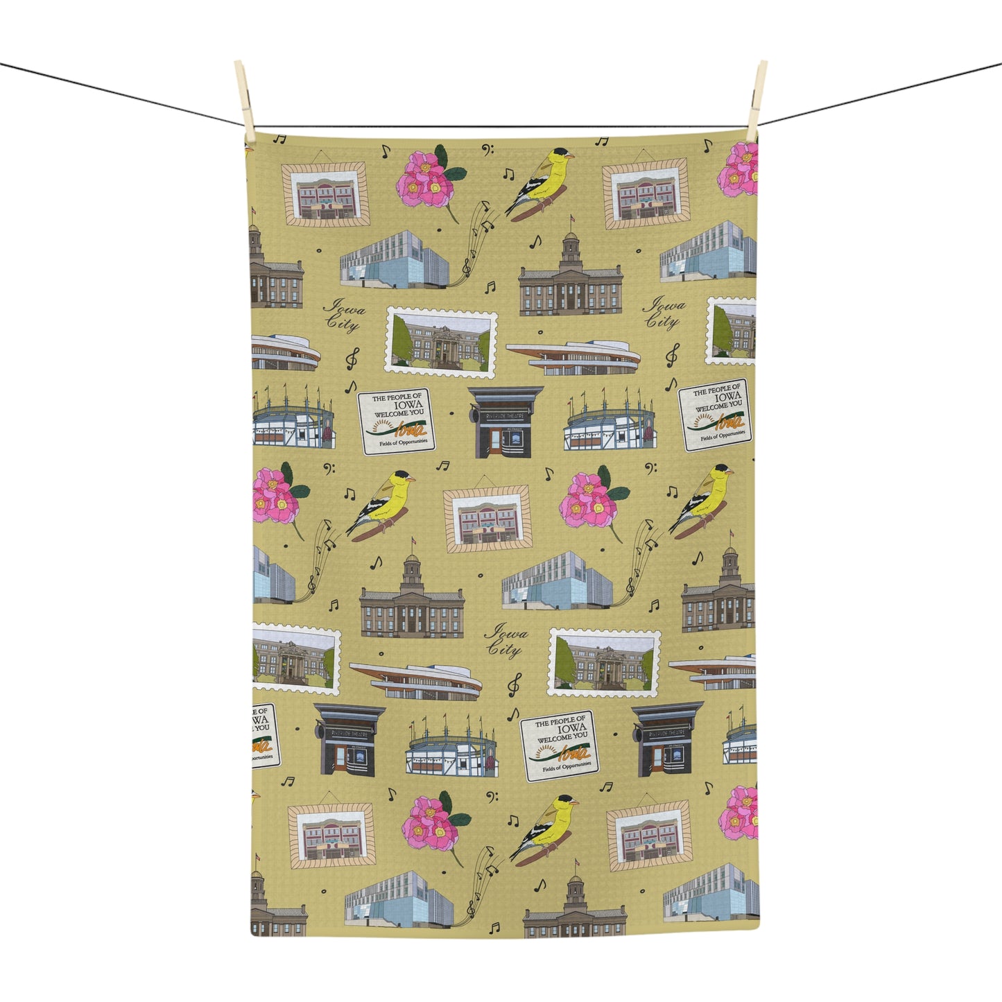 Kitchen Towel with Iowa City, Iowa IA in mustard