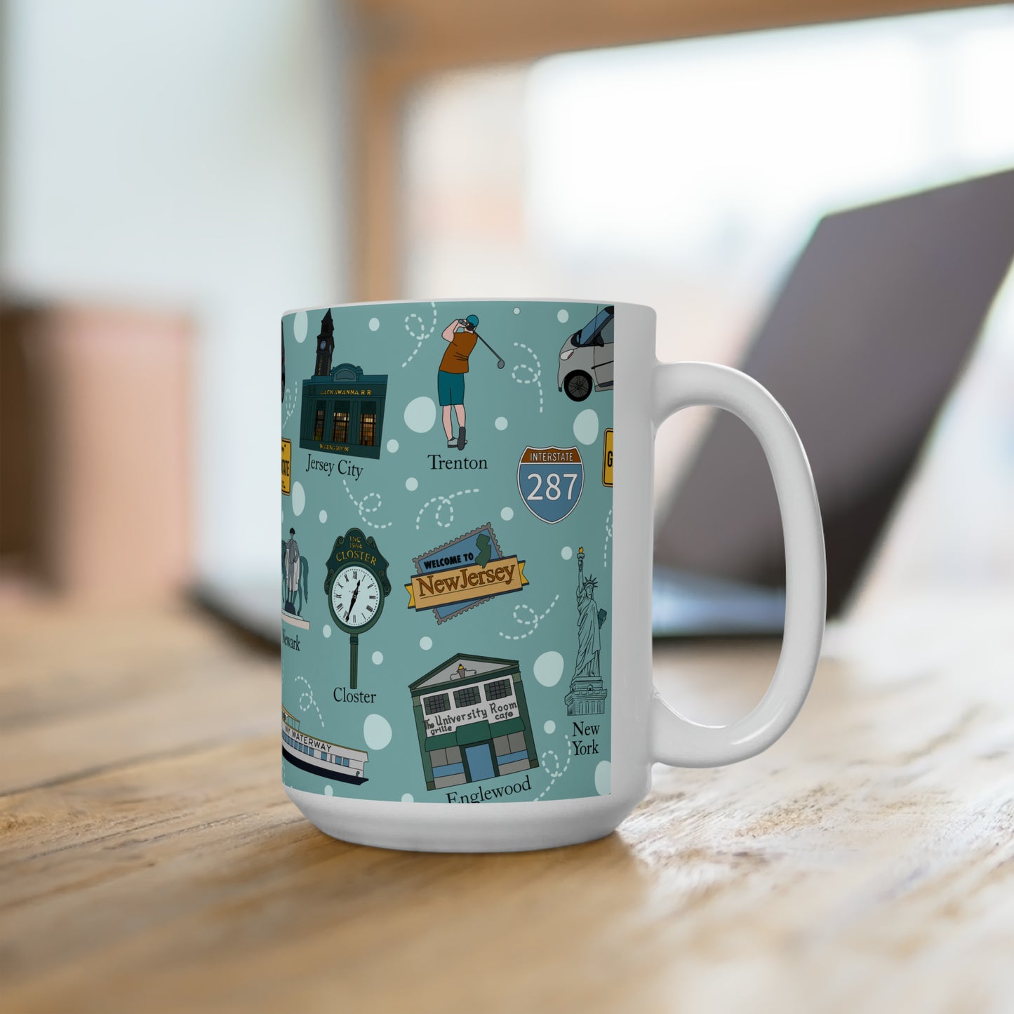 Ceramic Mug 15oz with New Jersey in light teal