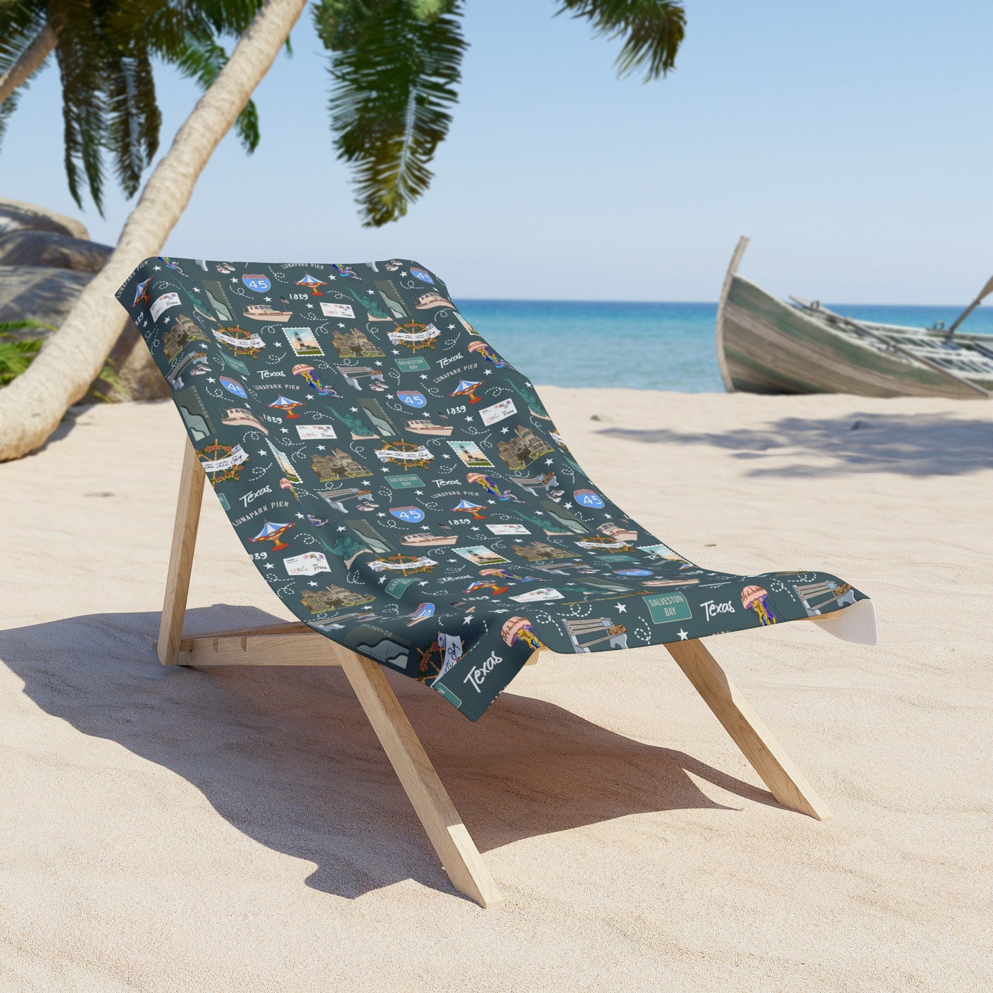 Beach Towel with Galveston, TX in deep ocean