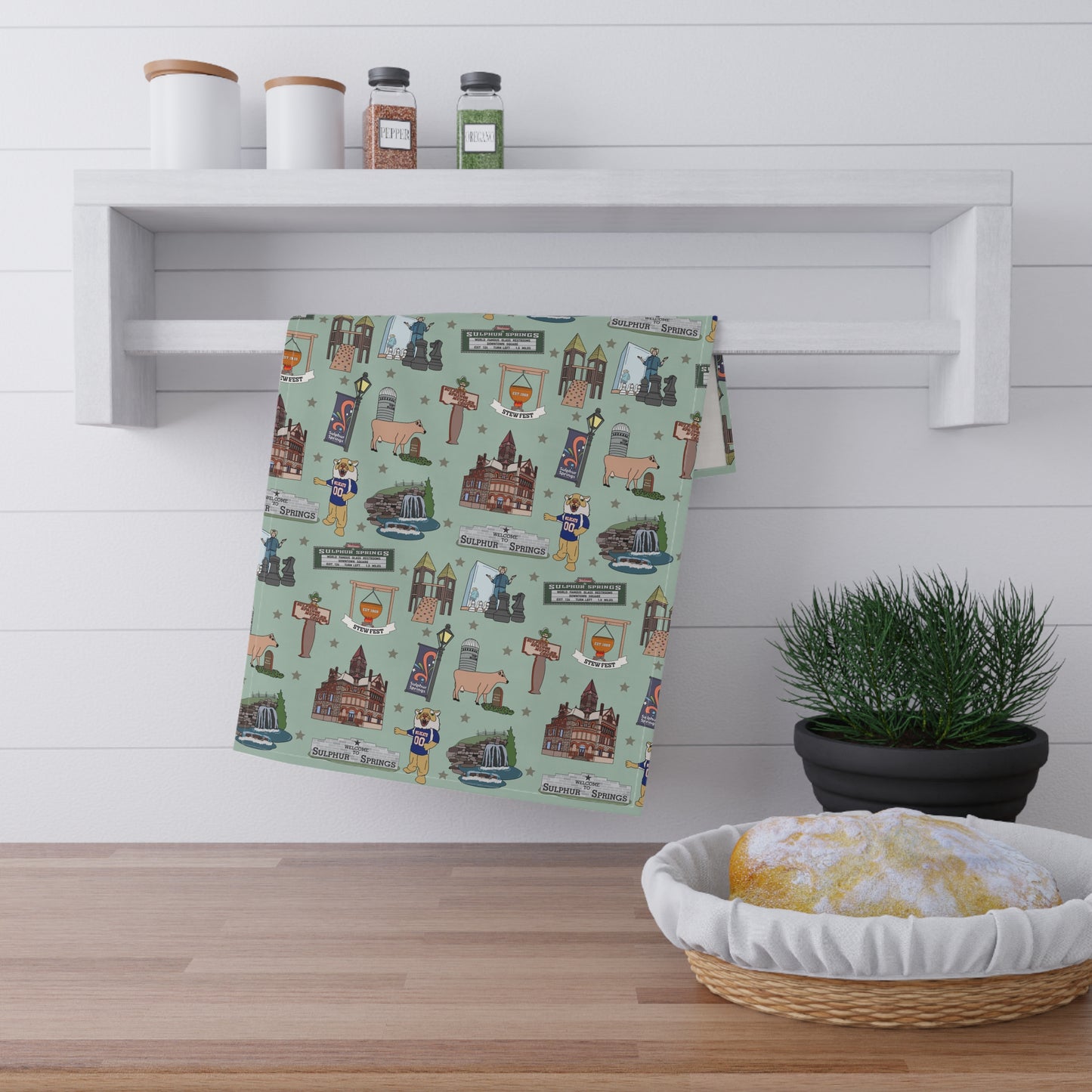 Kitchen Towel with Sulphur Springs, TX in sage