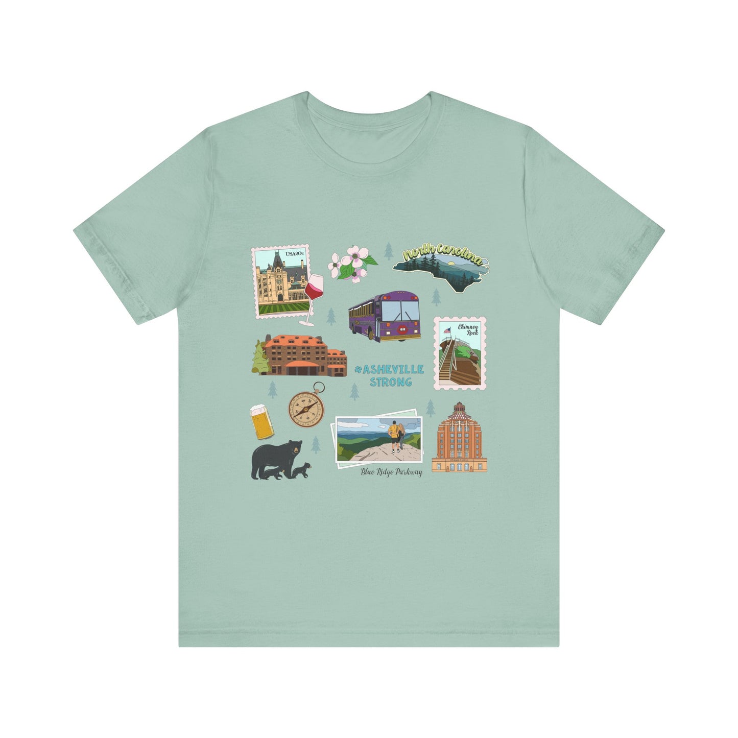Unisex Jersey Short Sleeve Tee with Asheville, North Carolina NC landmarks print