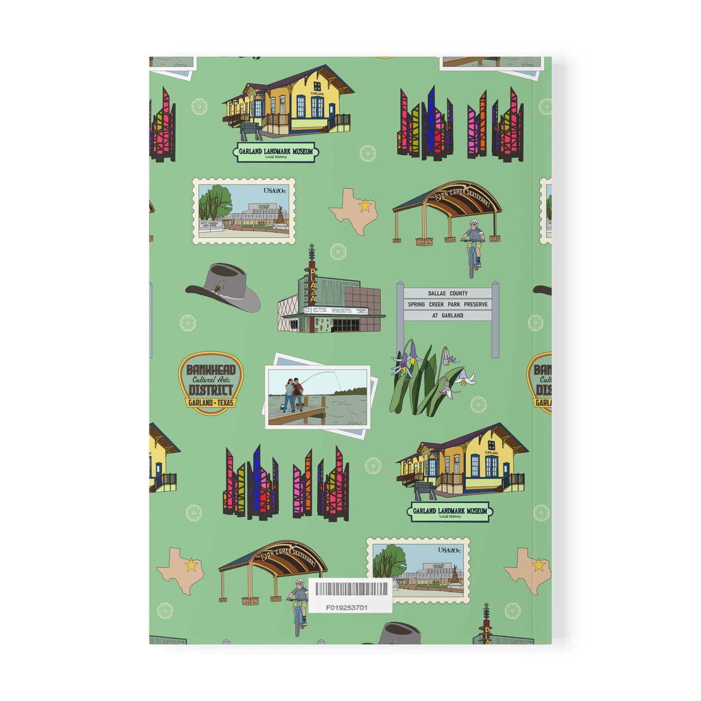 Paperback notebook with Garland, Texas TX landmarks in lime 150 lined pages