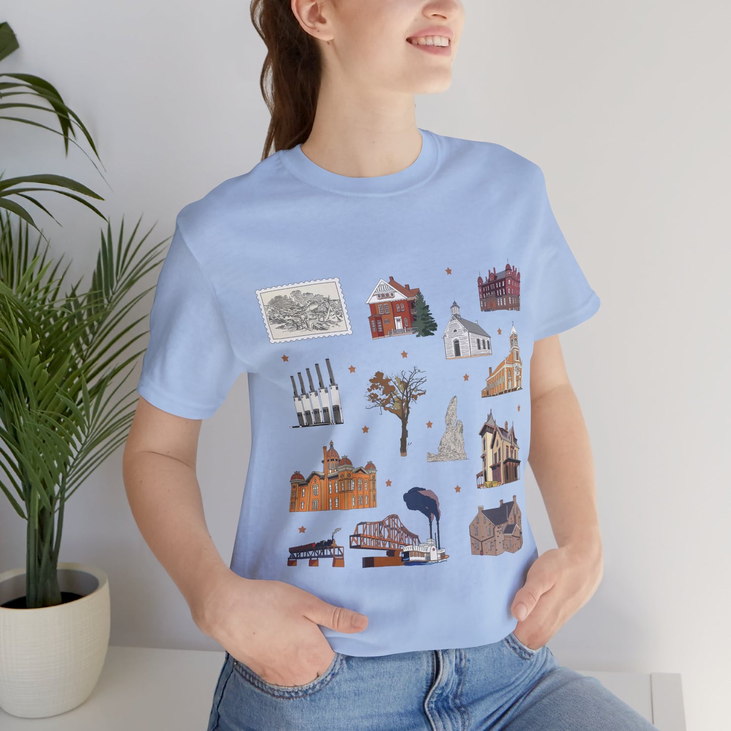 Unisex Jersey Short Sleeve Tee with South St. Paul, Mendota, Hastings, Hampton, Inver Grove Heights near the Minneapolis Minnesota MN landmarks print