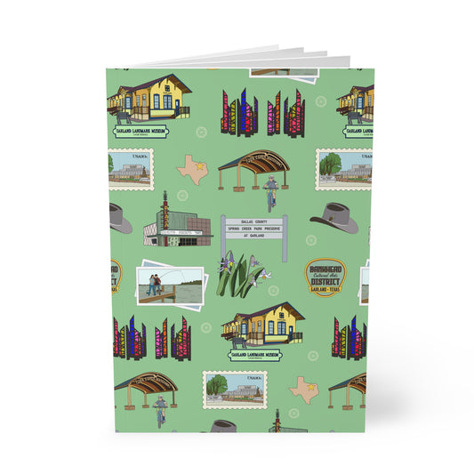 Paperback notebook with Garland, Texas TX landmarks in lime 150 lined pages