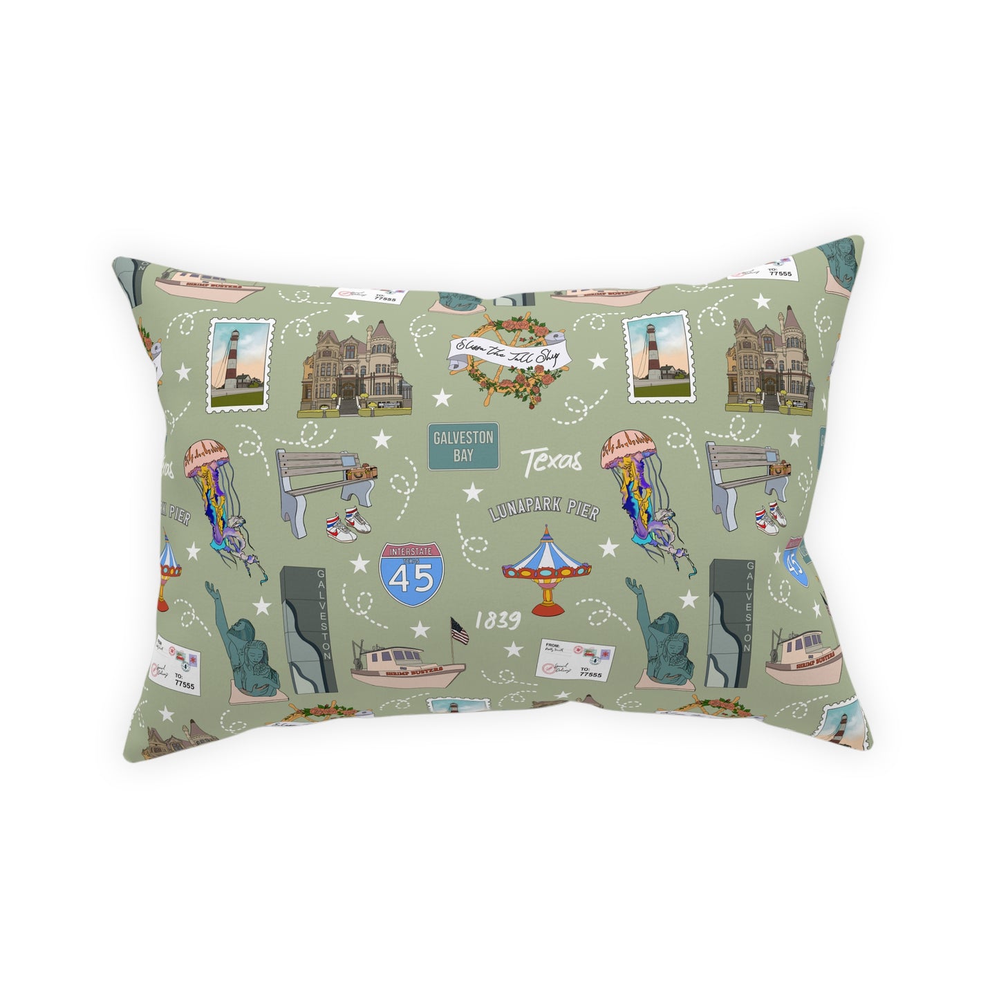 Broadcloth Pillow with Galveston, TX in olive