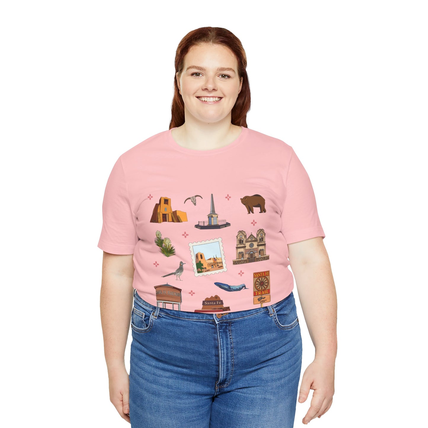 Unisex Jersey Short Sleeve Tee with Santa Fe, New Mexico NM landmarks print
