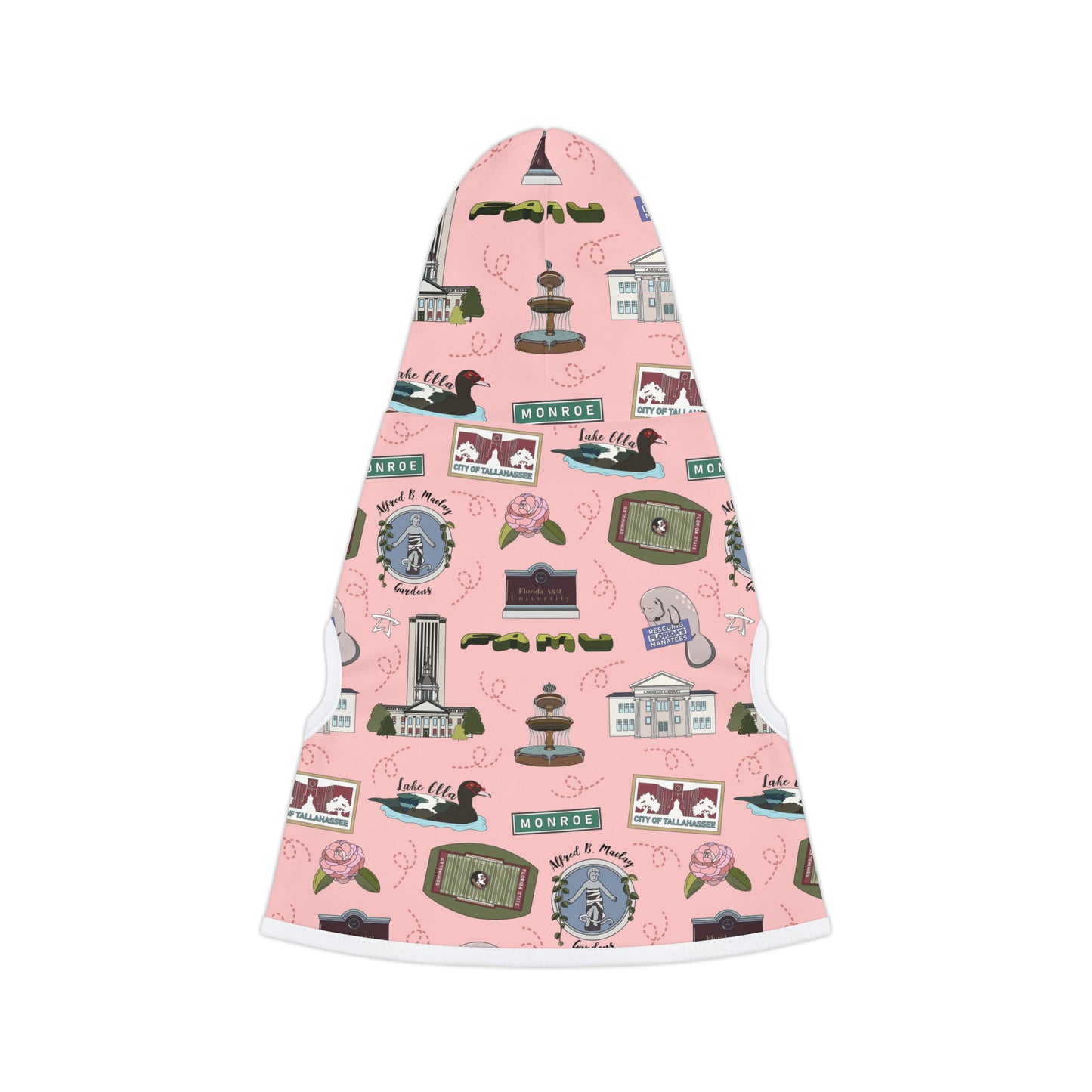 Pet Hoodie with Tallahassee Florida landmarks in pink