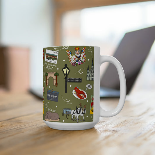 Ceramic Mug 15oz with New Orleans, LA in olive