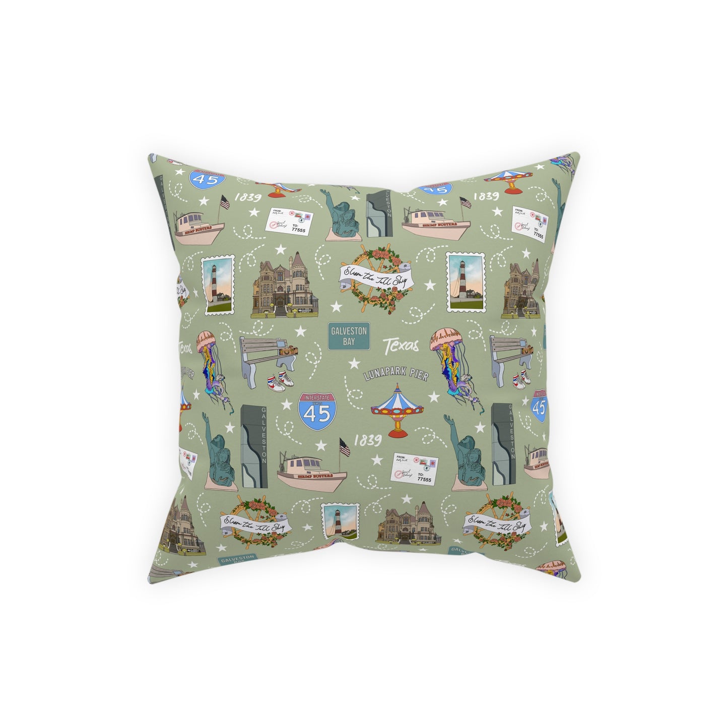 Broadcloth Pillow with Galveston, TX in olive