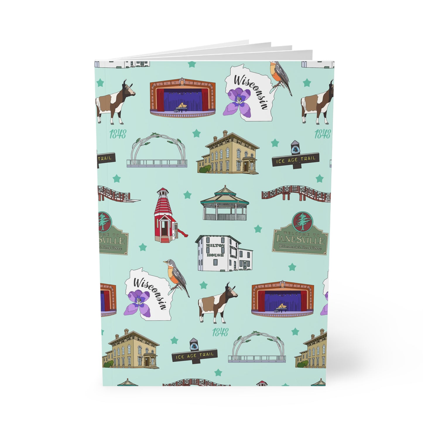 Paperback notebook with Janesville, Wisconsin WI landmarks in mint 150 lined pages