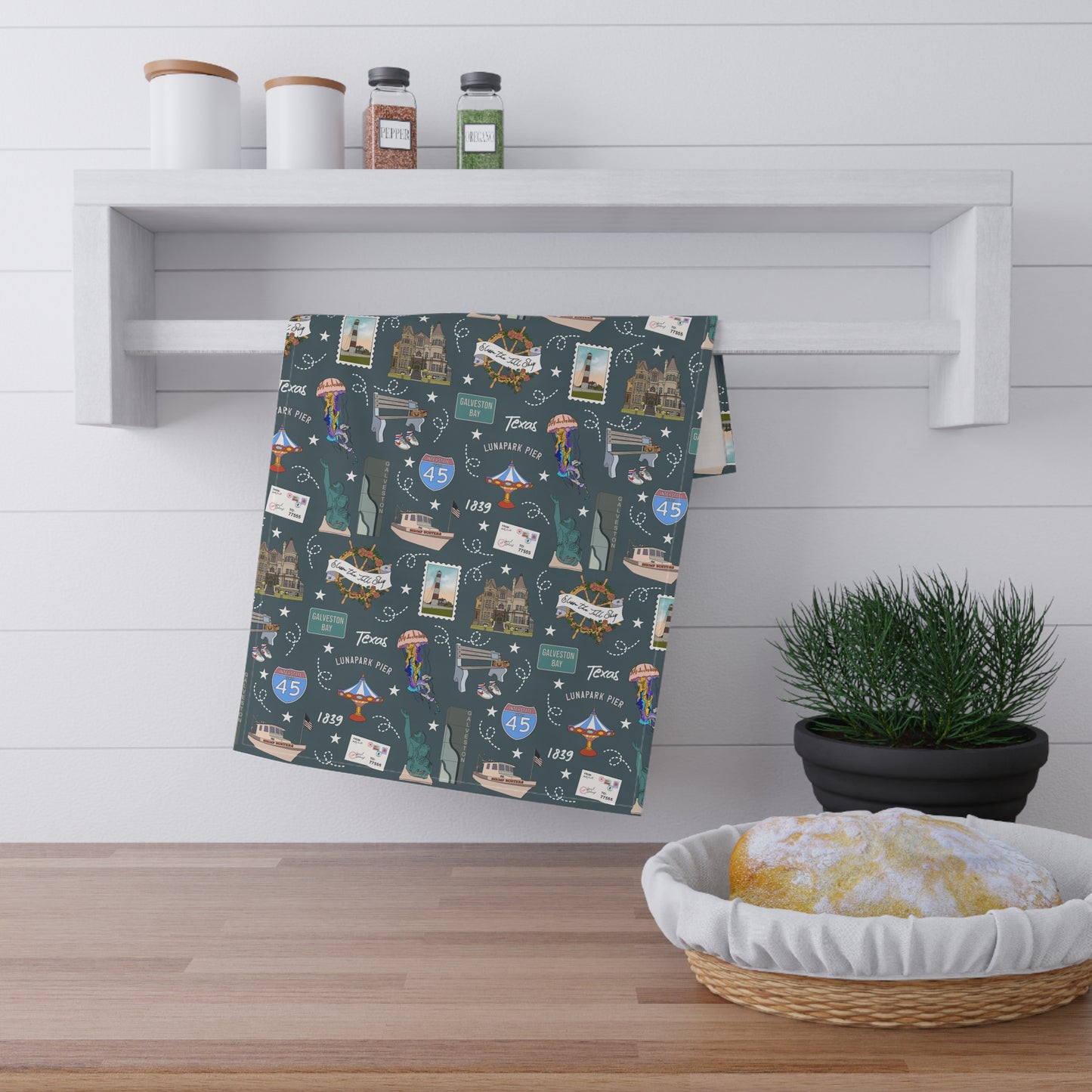 Kitchen Towel with Galveston, TX in deep ocean