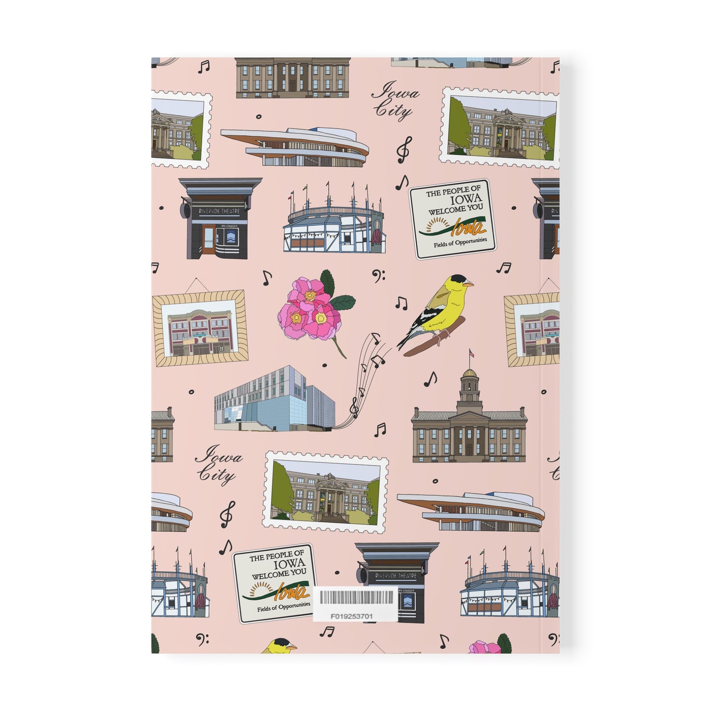 Paperback notebook with Iowa City, Iowa IA landmarks in blush 150 lined pages