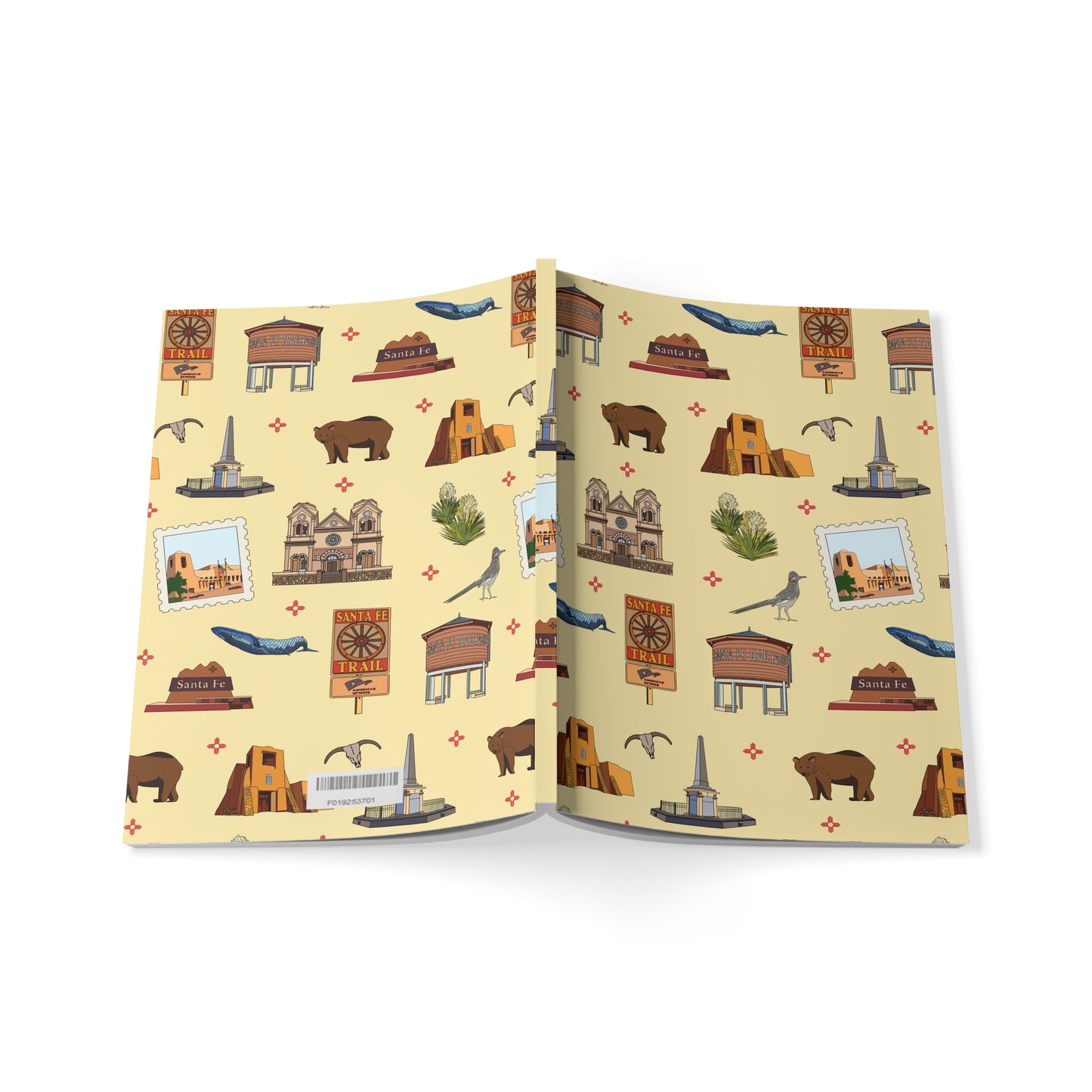 Paperback notebook with Santa Fe, New Mexico NM landmarks in crayola's lemon yellow 150 lined pages