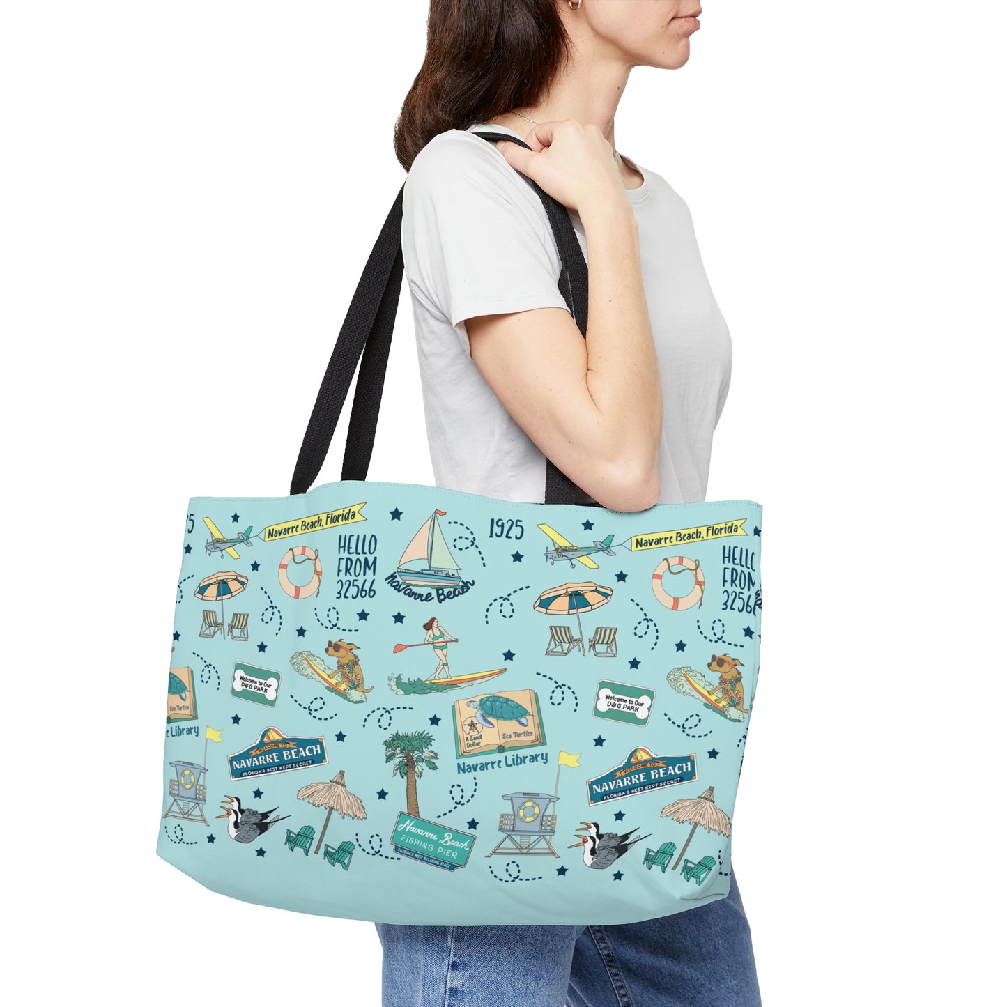 Tote Bag with Navarre Beach, FL in sky blue