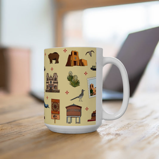Ceramic Mug 15oz with Santa Fe, New Mexico NM in crayola's lemon yellow