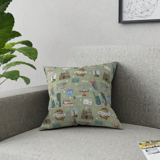 Broadcloth Pillow with Galveston, TX in olive