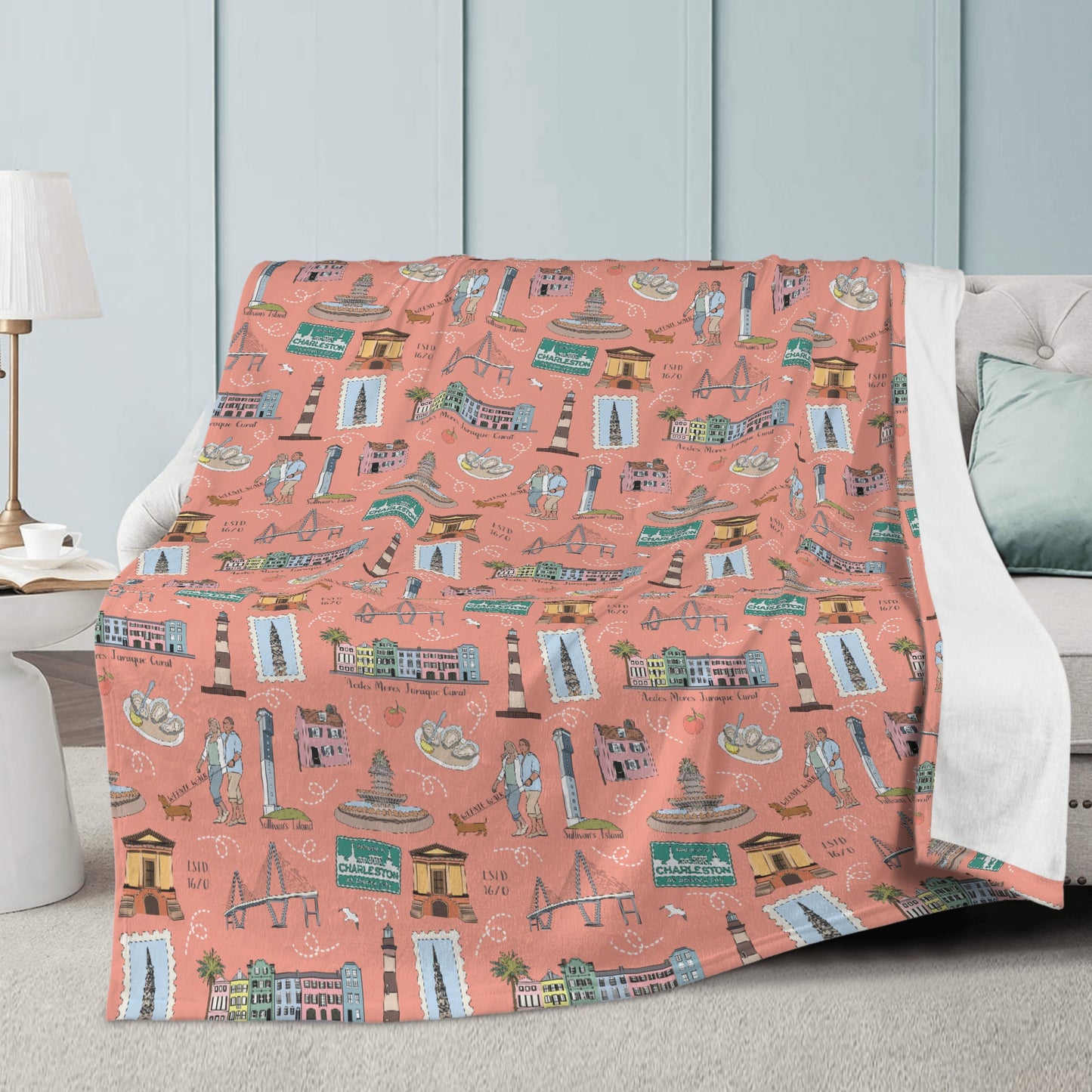 Minky Blanket with Charleston SC in coral