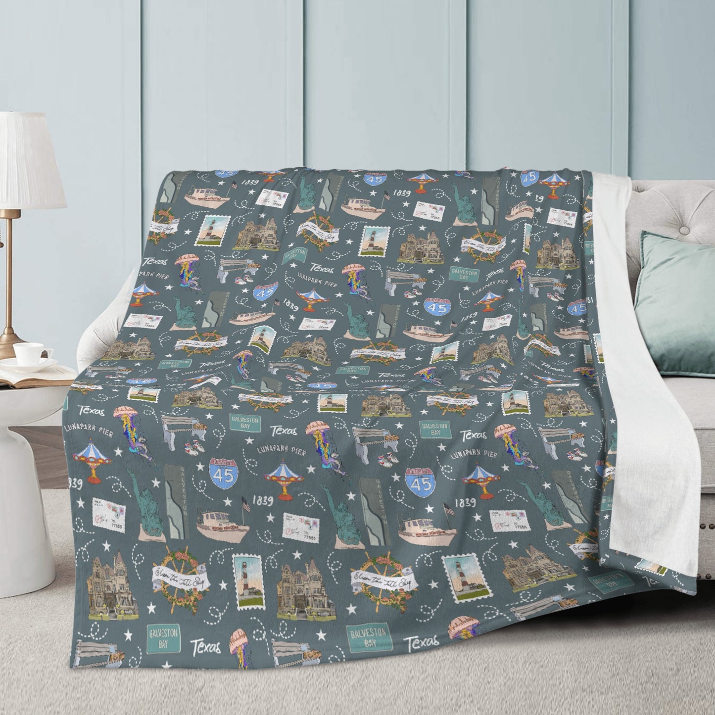 Minky Blanket with Galveston, TX in deep ocean