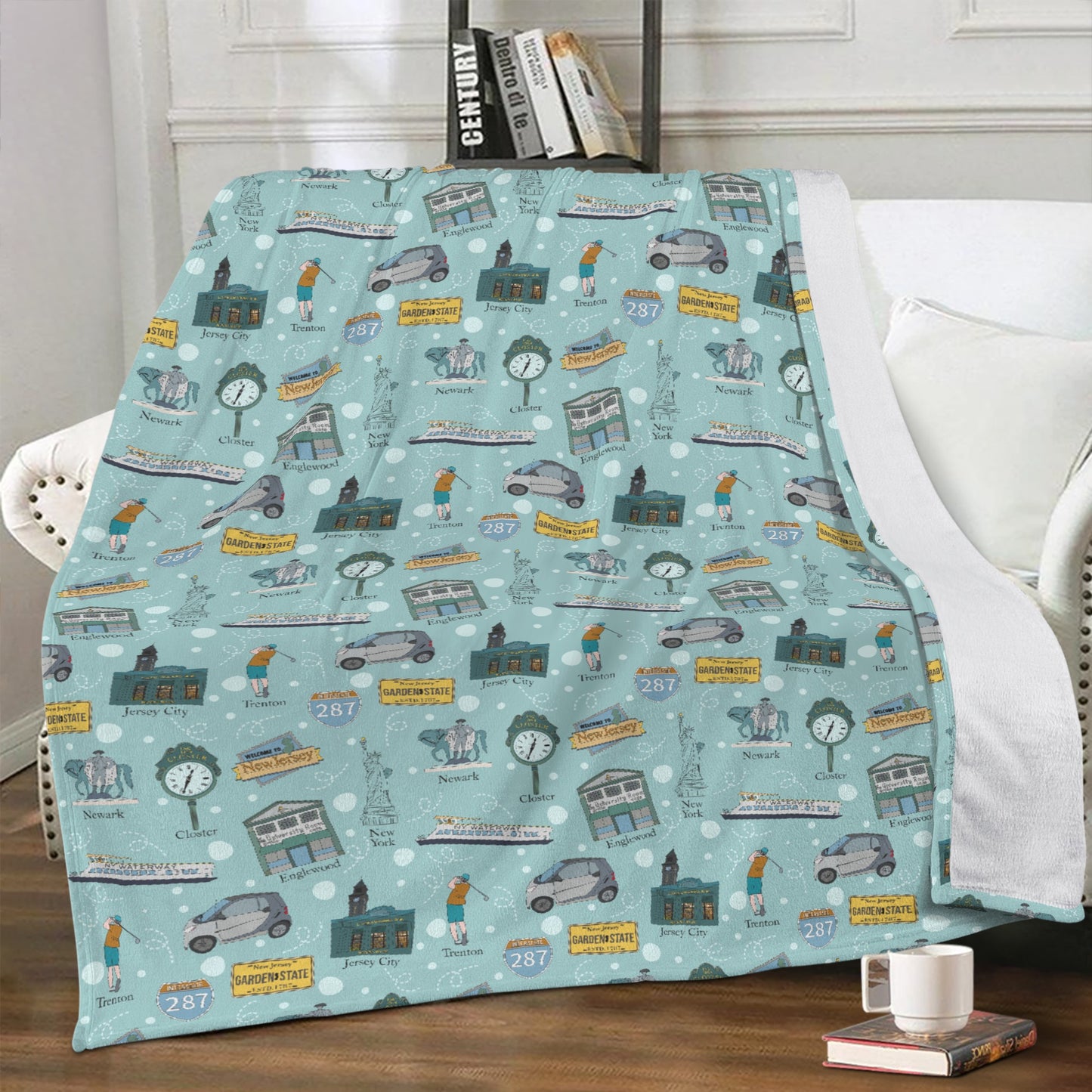 Minky Blanket with New Jersey cities in light teal