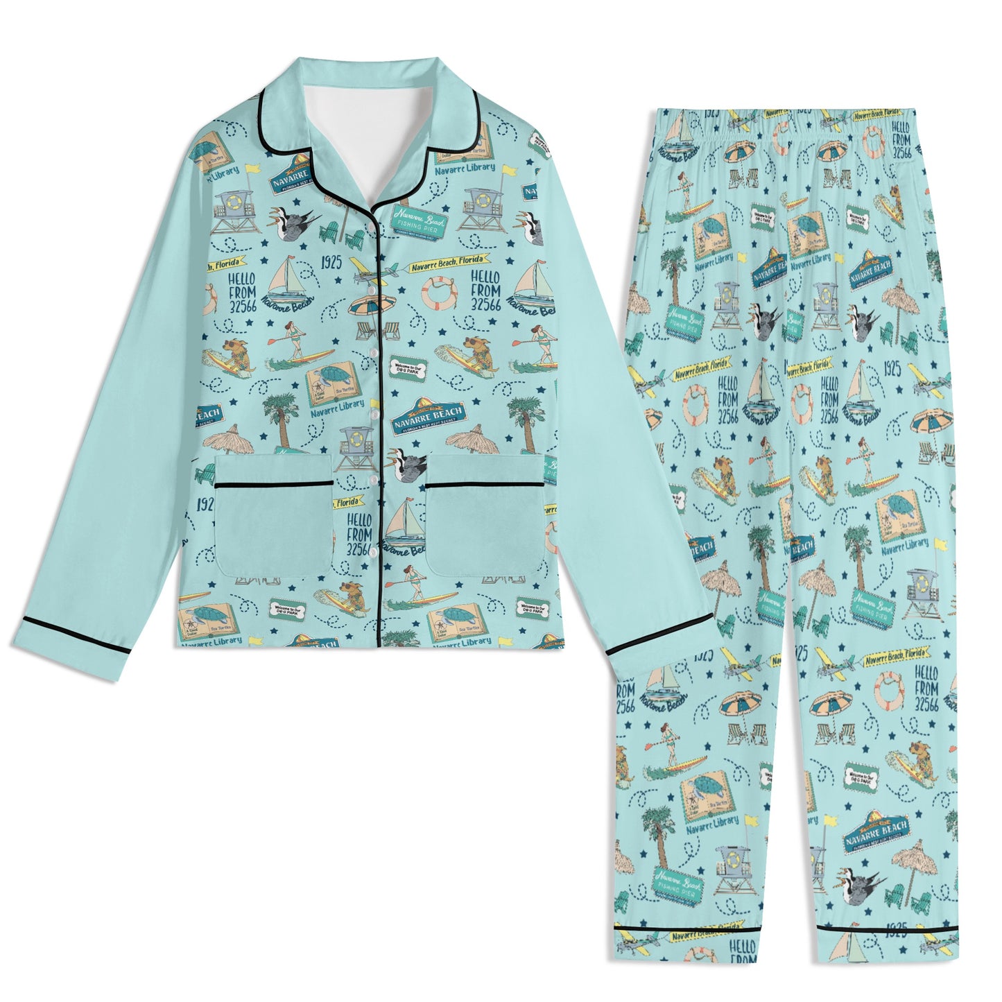 Unisex Adult Pajama Set with Navarre Beach, FL in sky blue