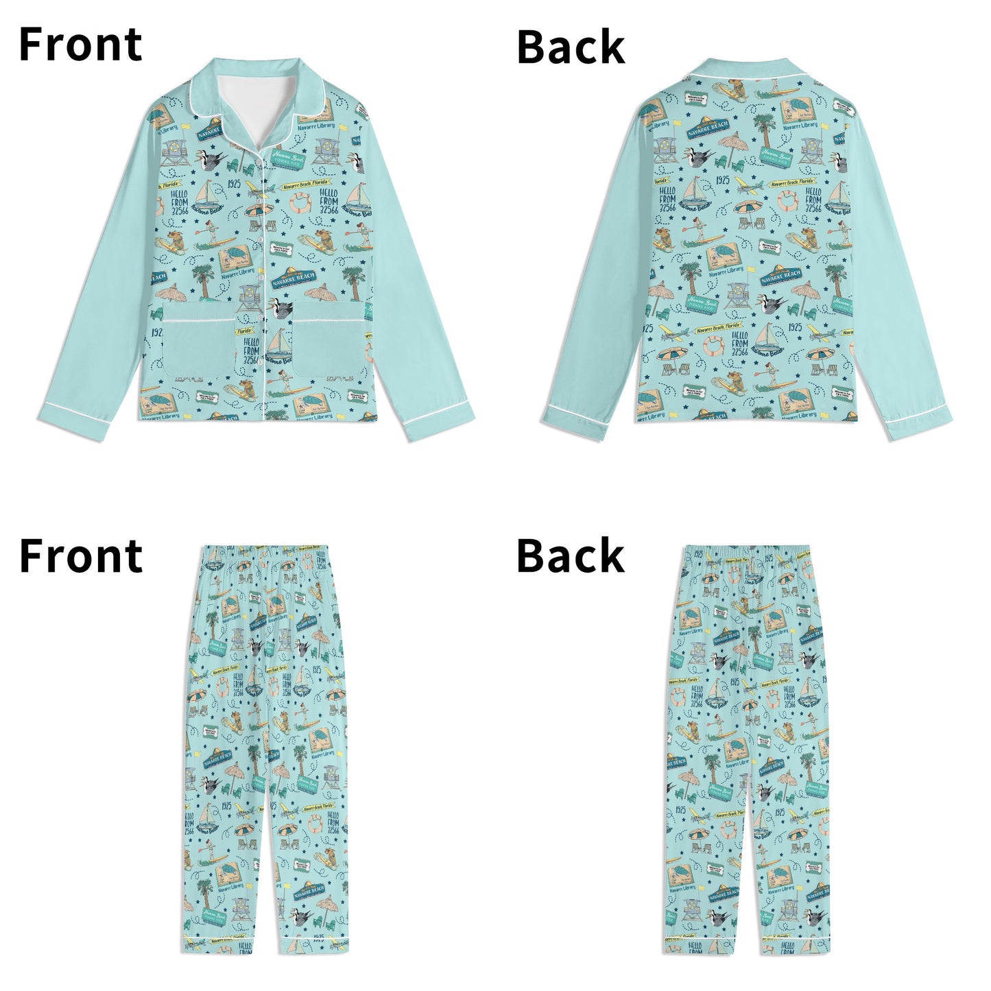 Unisex Adult Pajama Set with Navarre Beach, FL in sky blue