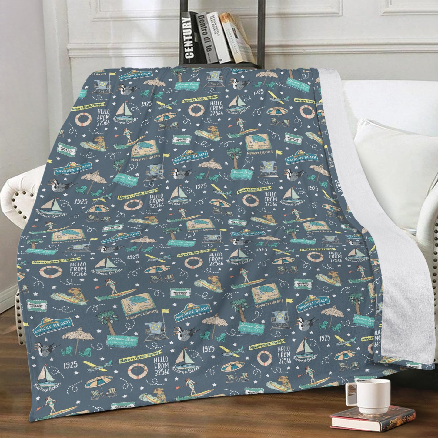 Minky Blanket with Navarre Beach, FL in navy