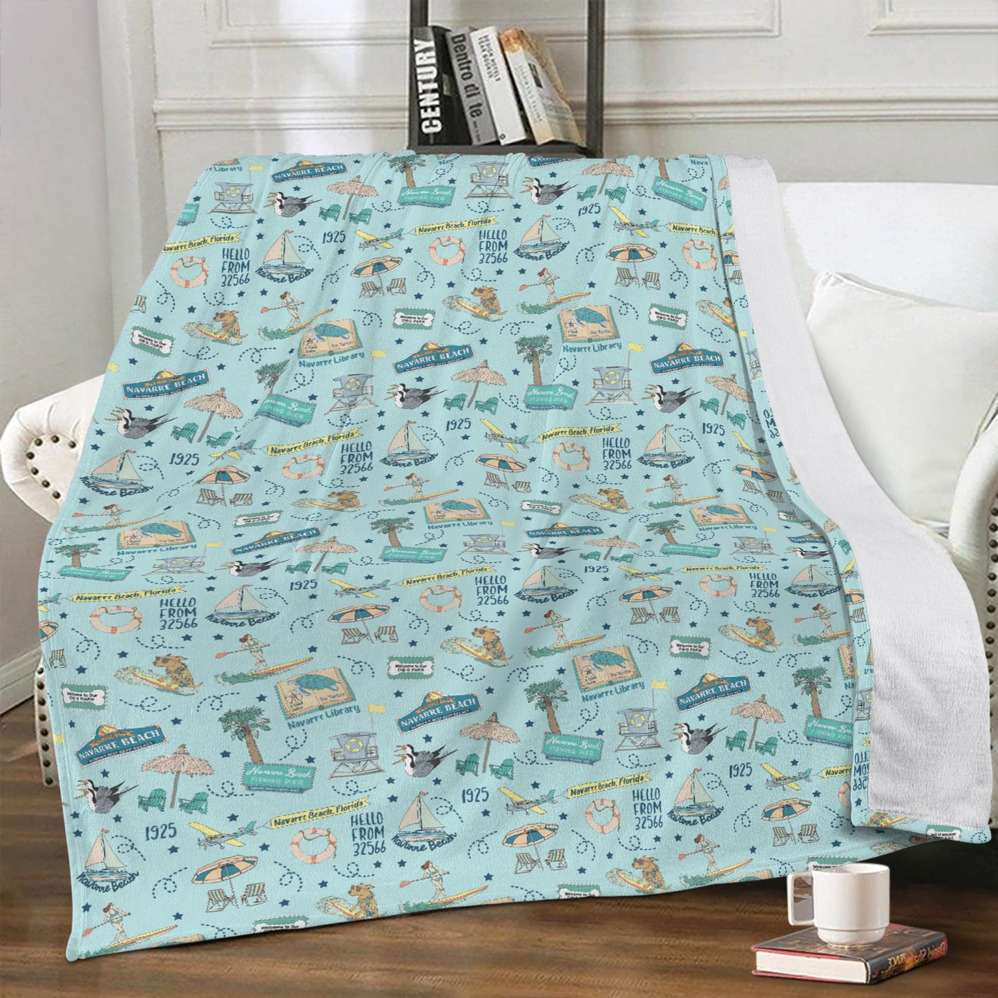 Minky Blanket with Navarre Beach, FL in sky blue