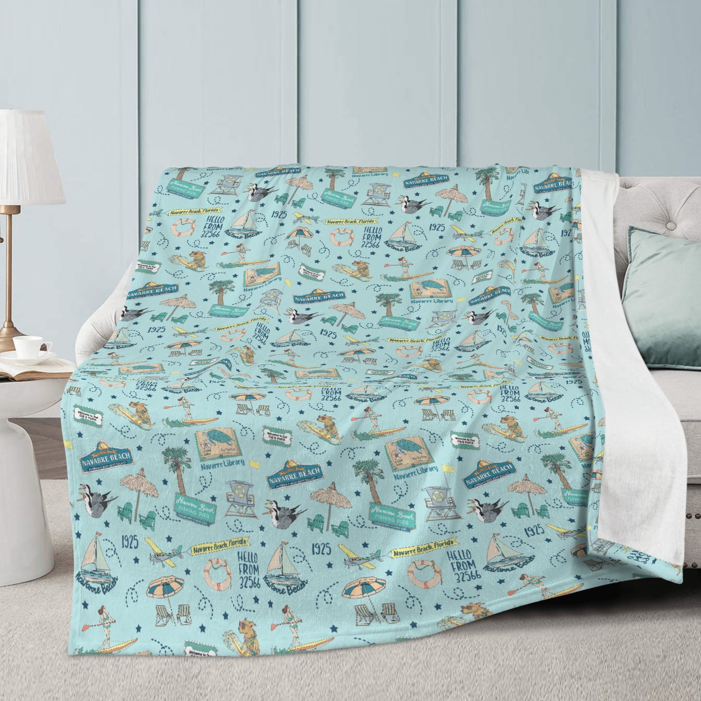 Minky Blanket with Navarre Beach, FL in sky blue