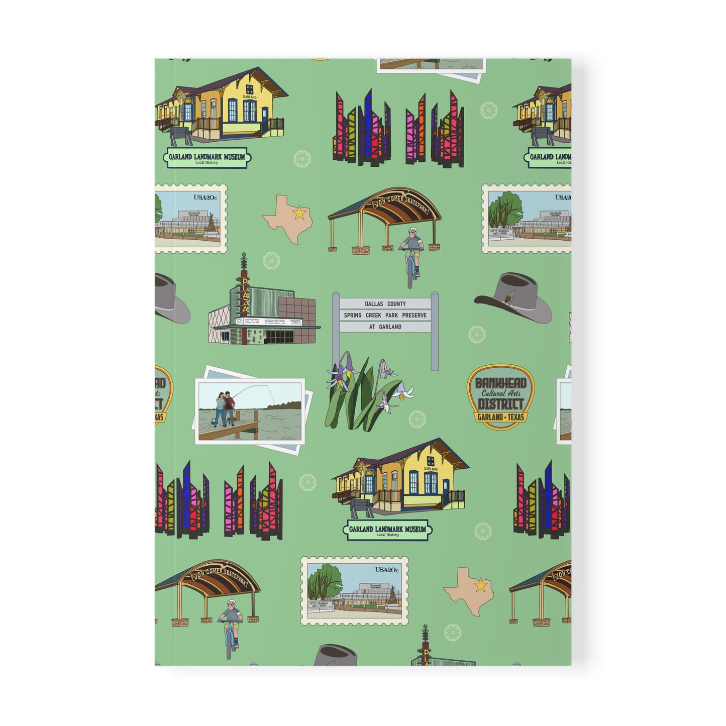 Paperback notebook with Garland, Texas TX landmarks in lime 150 lined pages