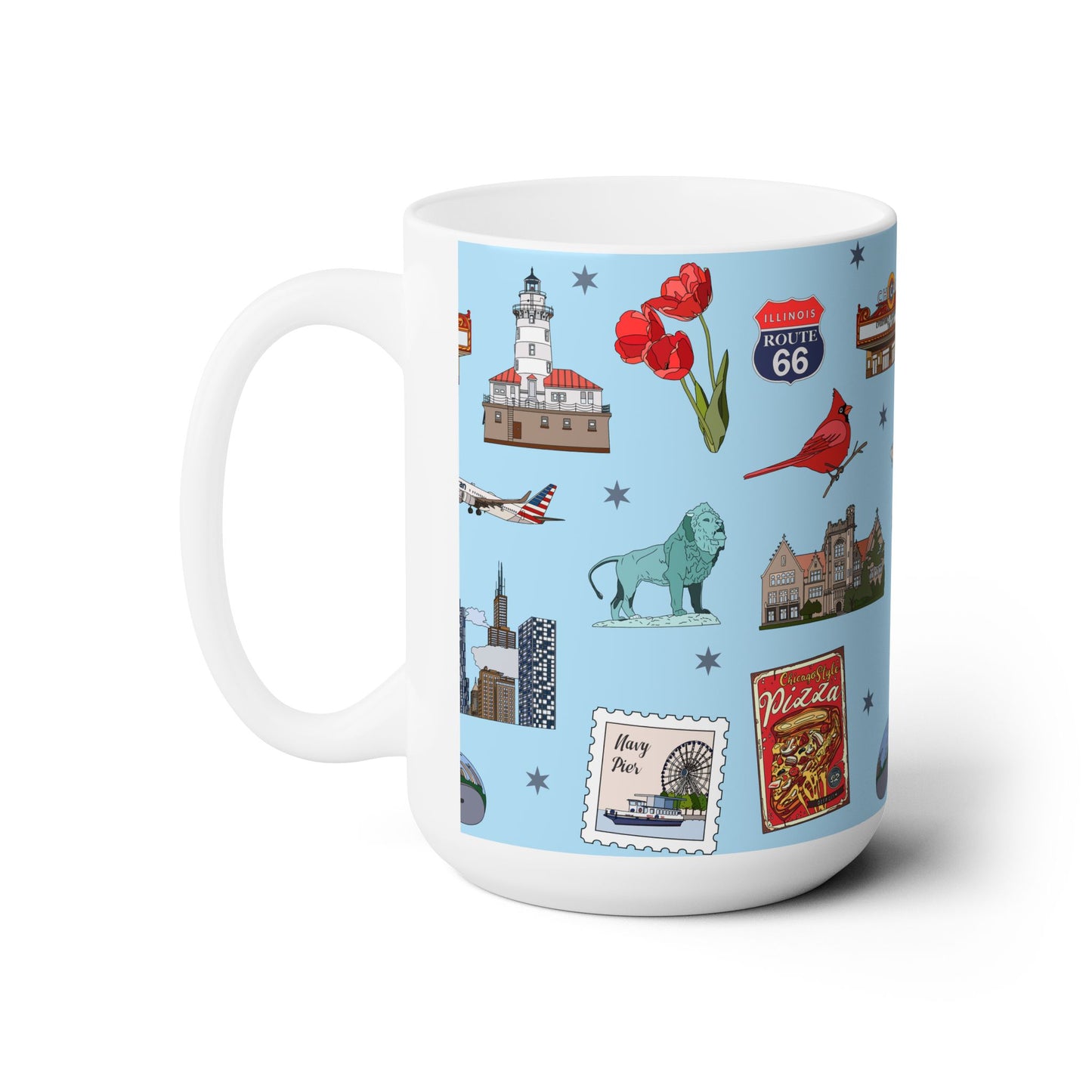 Ceramic Mug 15oz with Chicago, Illinois IL in sky