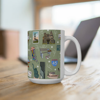 Ceramic Mug 15oz with Galveston, TX in olive