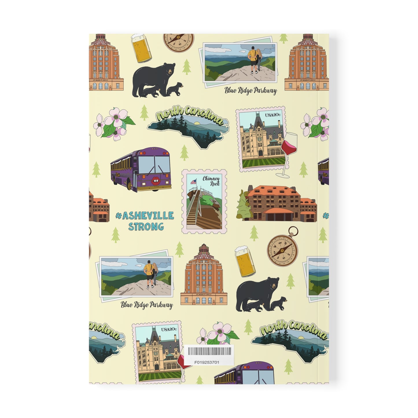 Paperback notebook with Asheville, North Carolina NC landmarks in light yellow 150 lined pages