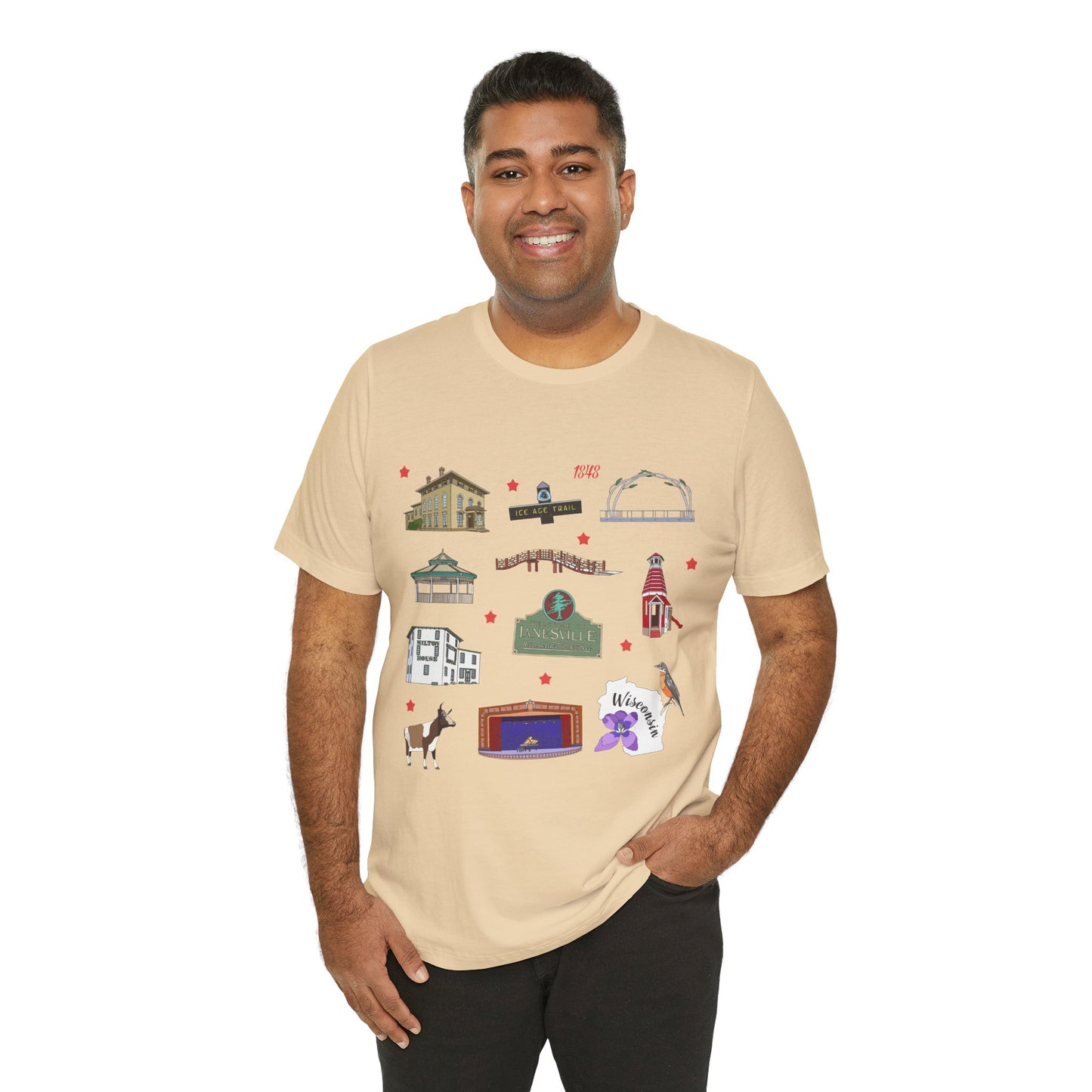 Unisex Jersey Short Sleeve Tee with Janesville, Wisconsin WI landmarks print