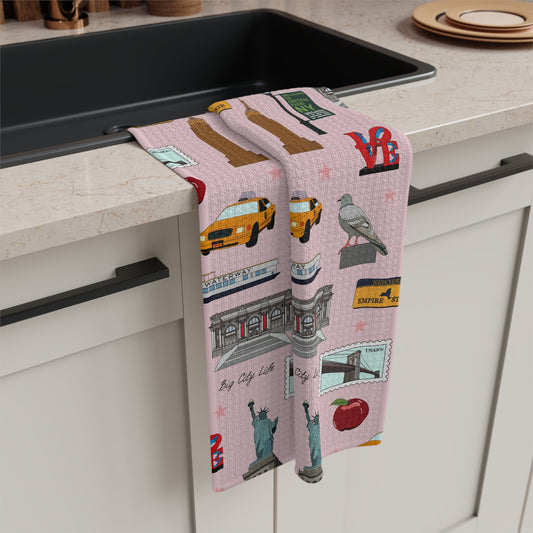 Kitchen Towel with New York City, Manhattan, Brooklyn NY in pink