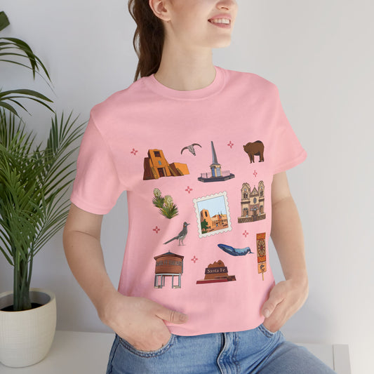 Unisex Jersey Short Sleeve Tee with Santa Fe, New Mexico NM landmarks print