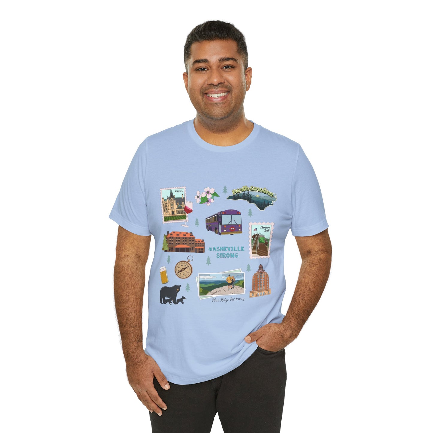 Unisex Jersey Short Sleeve Tee with Asheville, North Carolina NC landmarks print