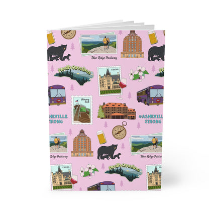 Paperback notebook with Asheville, North Carolina NC landmarks in pink 150 lined pages