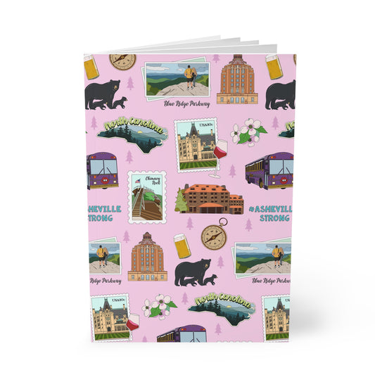 Paperback notebook with Asheville, North Carolina NC landmarks in pink 150 lined pages