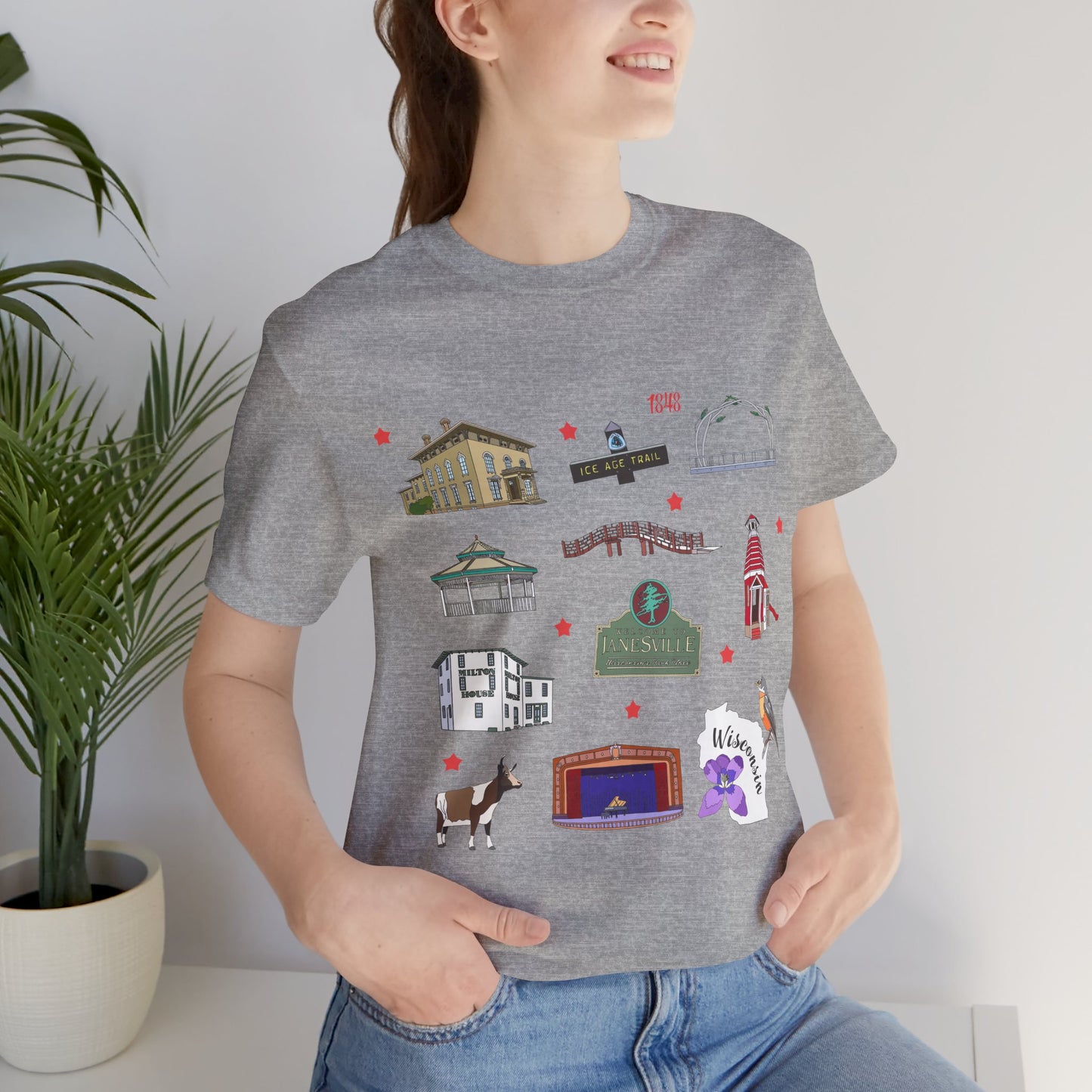 Unisex Jersey Short Sleeve Tee with Janesville, Wisconsin WI landmarks print