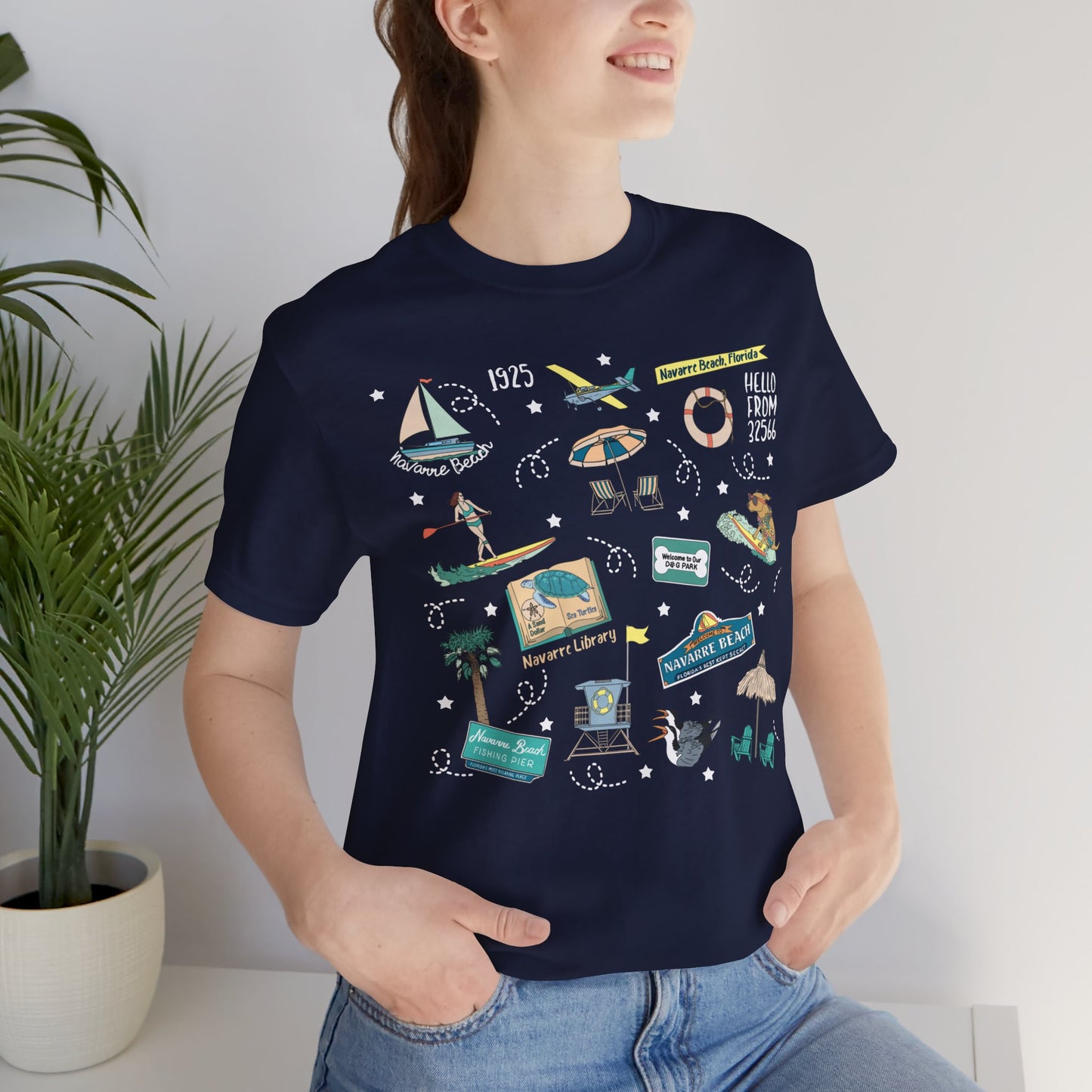 Unisex Jersey Short Sleeve Tee with Navarre Beach, FL landmarks print