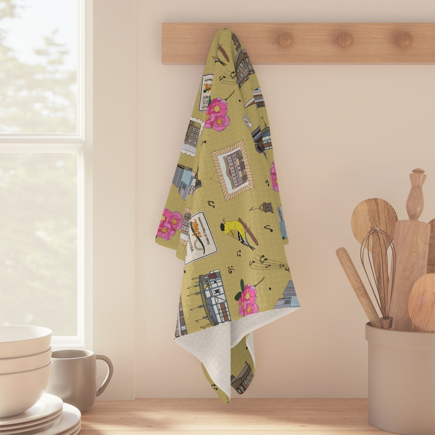 Kitchen Towel with Iowa City, Iowa IA in mustard