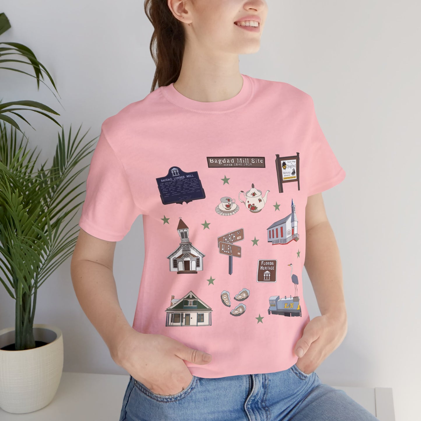 Unisex Jersey Short Sleeve Tee with Bagdad, Florida FL landmarks print