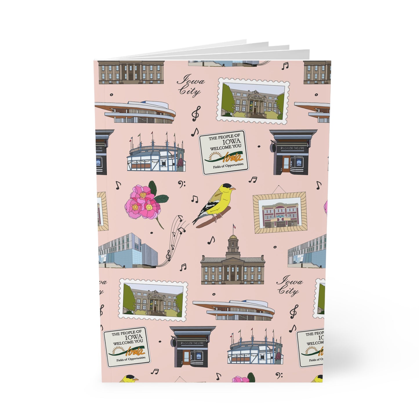 Paperback notebook with Iowa City, Iowa IA landmarks in blush 150 lined pages
