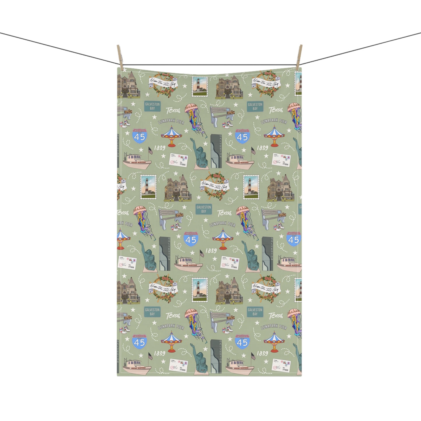 Kitchen Towel with Galveston, TX in olive