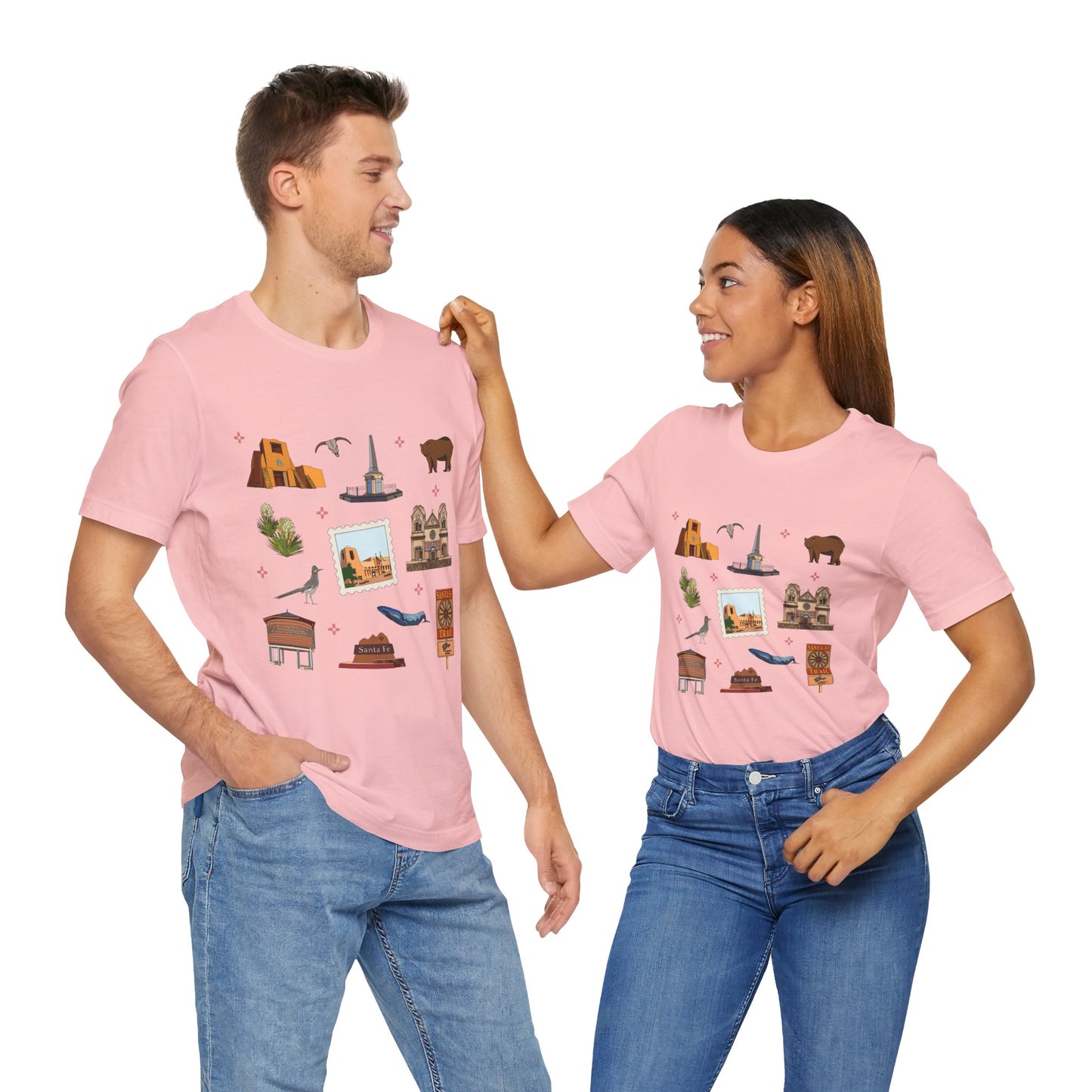 Unisex Jersey Short Sleeve Tee with Santa Fe, New Mexico NM landmarks print